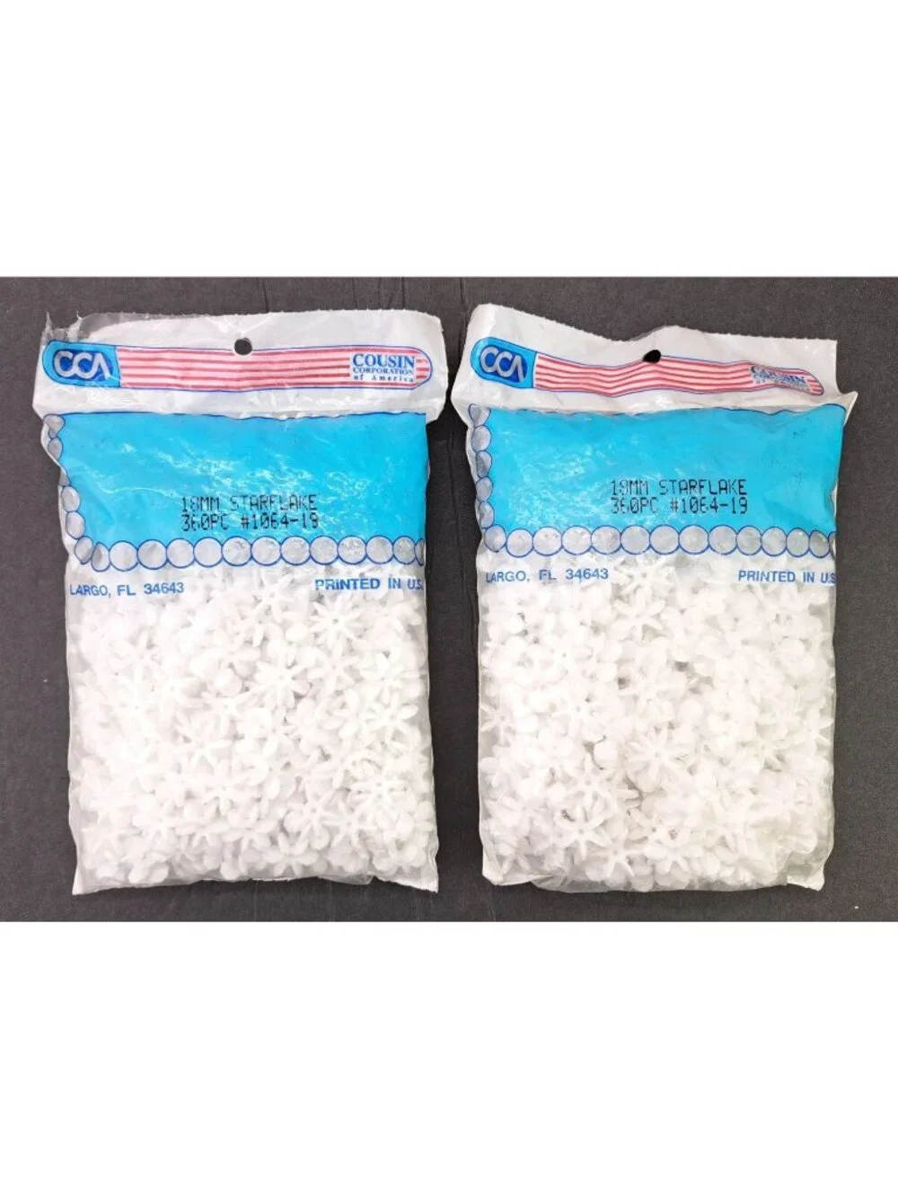 Vintage 18mm White Starflake Plastic Bead 720 Total Beads 2 Bags Cousin Corp New